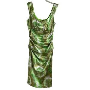 London Times Midi Sheath Dress Sz 6 Ruched Sleeveless Green Cocktail Party